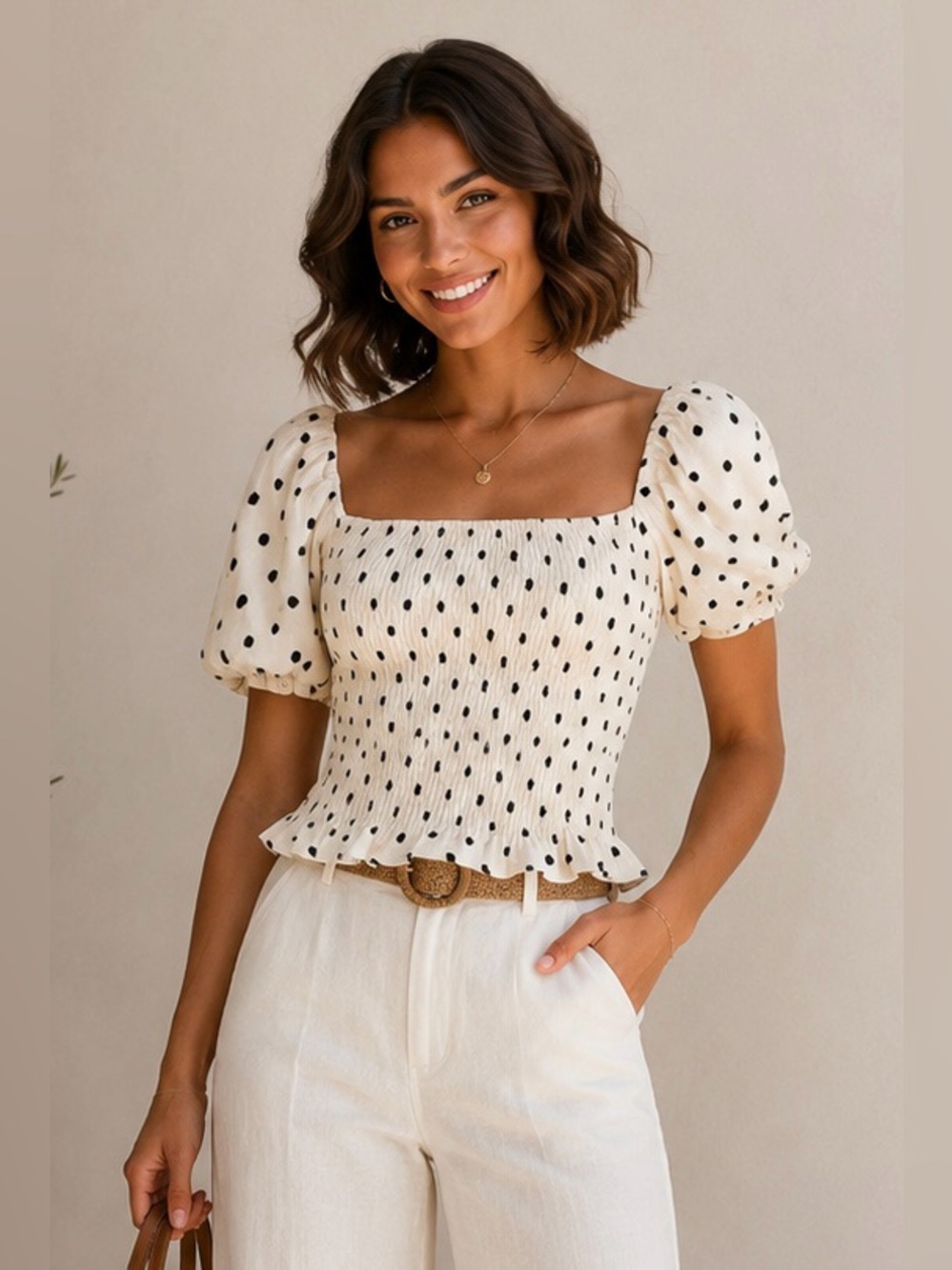 H&M Cream Black Polka Dot Smocked Puff Sleeve Crop Top Small